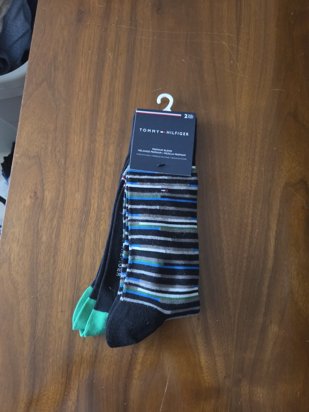 Tommy Hilfiger Men’s Black Crew Socks with Teal & Blue Stripes
